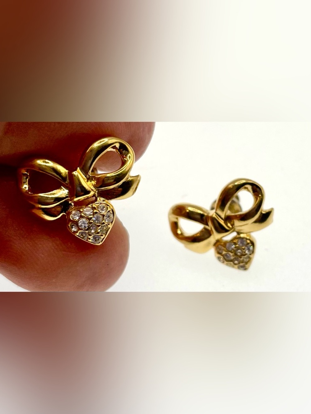 Vintage 1990s Elizabeth Taylor White Diamonds Heart and Bow Pierced Earrings